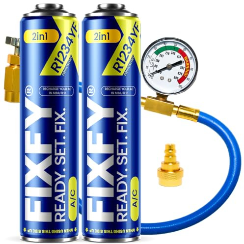 FIXFY 2en1 – Set: Manguera con manómetro + adaptador + 2 x refrigerante R1234YF de repuesto con aceite – para vehículos desde el año 2017 – Rellenar aire acondicionado por sí mismo