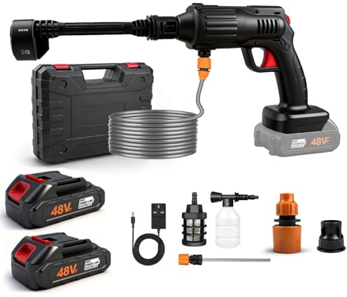 Pressure Washer Cordless Power Washers for Patio and Car with 45 Bar High-Pressure Battery Jet Washer with 16.4FT Reach Portable Car Accessories with 2pcs 3.0Ah Batteries for Garden Cleaning Watering