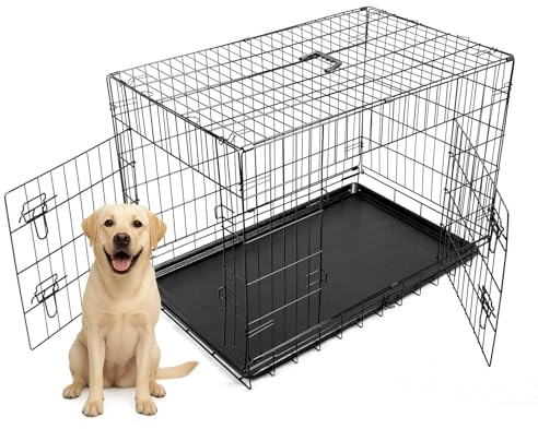 PawHaven Pet Dog Puppy Cat Cage Crate 48 48 Inch Metal Folding With Two Doors and Tray XXLarge Black