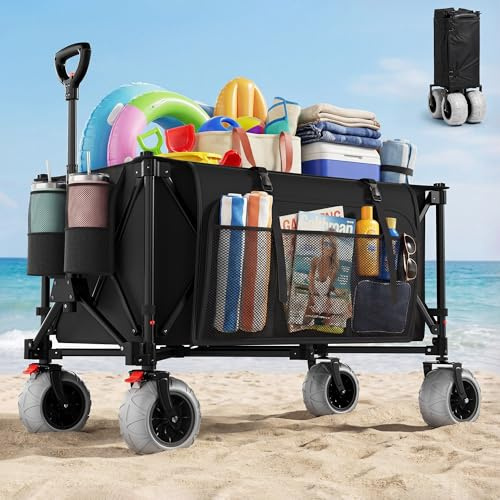 Devoko Chariot de Plage Pliable 200L 150KG, Chariot de Plage Tout Terrain avec PU Roues Extra Larges 21.5x10 cm, Charette Pliable Poignée Réglable Pivotantes à 90° pour Plage, Camping, Courses(Noir)