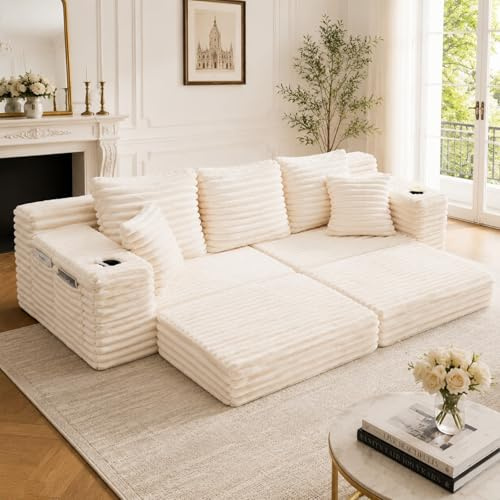 KOMHTOM Petit Canapé 3 Places en Velours Côtelé avec 5 Coussins Confortables, Poches Latérales et Porte-Gobelets - Canapé Convertible Multifonctionnel Moderne (Beige)