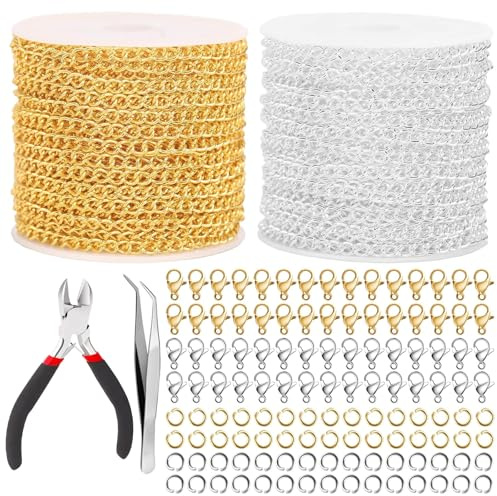 poraceous 20 ft 2 Rullar Rostfritt Stålkedja, Låskedjor för Smycken, DIY-sats med Gyllene & Silverkedjor, Hantverkssats med Halsband med Hopplaster och Hummerlås (med Klämmor)
