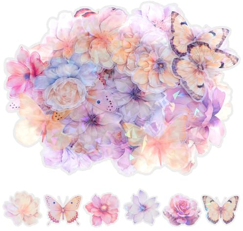 60 Pcs Glitter Flower Stickers, Sparkly Decorative Decals Waterproof