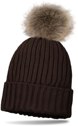 styleBREAKER Gorro de Punto para niños con Pompones, diseño de Rayas perladas y Forro de termofleece, Gorro de Invierno con Pompon de Piel sintética 04024031, Color:Marrón Oscuro