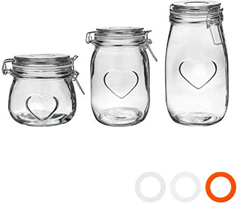 Nicola Spring Heart Design Glass Storage Airtight Food Preserve Jar with Clip Fasten, 500ml / 1L / 1.55L - Set of 3