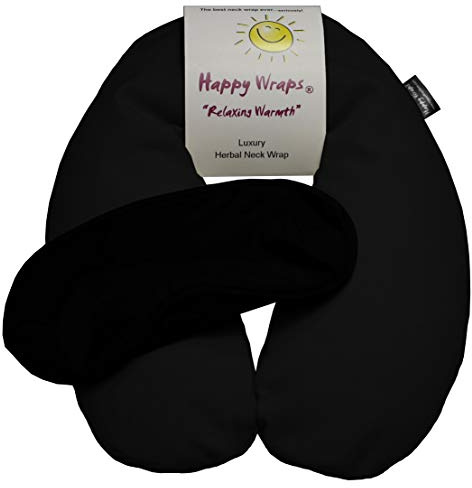 Happy Wraps Microwavable Herbal Neck Wrap - Hot Cold Aromatherapy Neck Warming Pillow - Heating Pad for Migraines, Stress, Gifts for Women, Birthdays, Christmas and Free Sleep Mask - Black