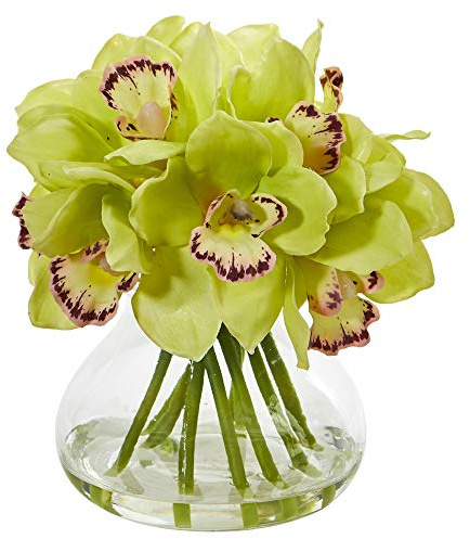 Nearly Natural Cymbidium Orchid Artificial Arrangement in Glass Vase