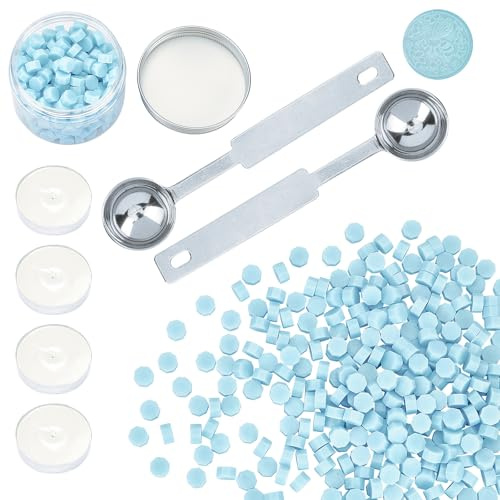 CRASPIRE 300PCS Kit de Cuentas de Sello de Cera Azul Claro, Juego de Perlas de Cera para Sellar Empaquetadas En Contenedor, 2 cuchara para Derretir Cera Y 4 velas para Sello de Cera