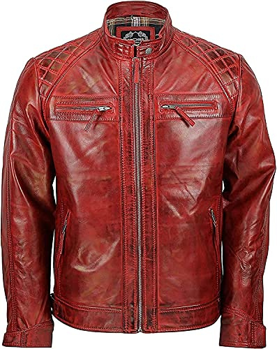 Giacca da uomo in vera pelle trapuntata, stile motociclista vintage invecchiato, giacca in pelle stile motociclista, Rosso, M