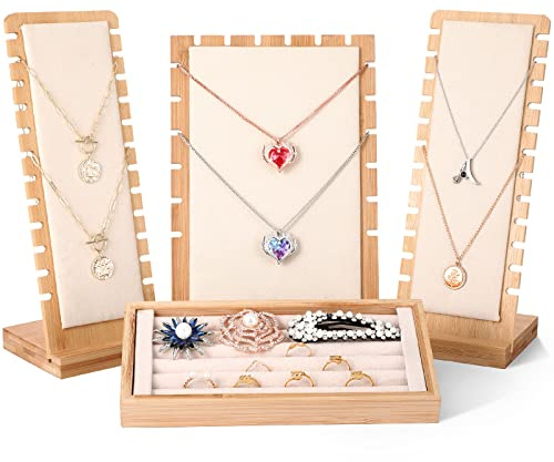 Henoyso 4 Pcs Necklace Display Stand Bamboo Jewelry Display Board Ring Organizer Holder Jewelry Storage Tray for Home Vendors(Beige)