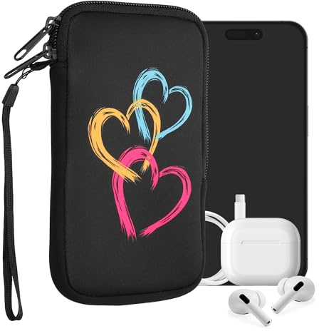 kwmobile Custodia in neoprene con zip per smartphone L - 6,5 - Astuccio portacellulare a sacchetto con cerniera - Borsa verticale - Cuore Metallico fucsia/arancione/nero
