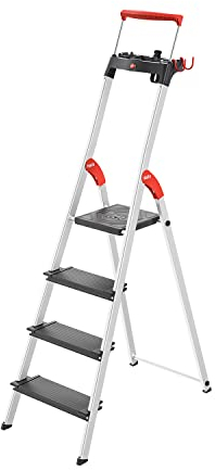 Hailo Stehleiter Topline, 4 XXL-Sicherheits-Stufen bis 150kg, Kleine Leiter mit ausziehbarem Haltebügel & Plattformverriegelung, klappbare Aluleiter, Schwarz, Aktuelles Modell L100, Made in Germany