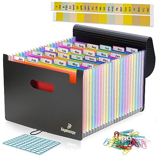 Dokumentenmappe A4, 26 Fächermappe für Schule, Büro, Medizin, Steuer & Quittungen, 34x25x4 cm, Hochwertiges PP mit Klappe, Gummibandverschluss, Etiketten & Aufkleber