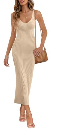 MEROKEETY Womens Summer Bodycon Knit Midi Dress 2026 Spring Beach Vacation V Neck Casual Sleeveless Ribbed Sweater Dresses,Apricot,S
