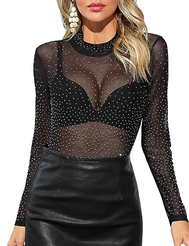 Tuopuda Body dam sheer mesh bodysuit långärmad/kortärmad, festival klubb party nät topp rave outfit, overall blusbody top bodies för kvinnor jumpsuit, Svart 3, XL