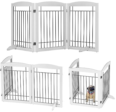 PPMZU Freestanding Pet Gate with Door, Foldable Wooden Indoor Dog Gate for House, Stairs, Pet Puppy Safety Dog Fence, Doorways 32” Tall Pet Gate 4 Panels Fence with Feet Support,White