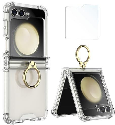 Simpeak Custodia Compatibile con Samsung Galaxy Z Flip 5 5G, Custodia Protettiva in Silicone Morbido con Anello in Metallo Sostituzione per Galaxy Z Flip 5, Antigraffio, Antiurto, Traslucida