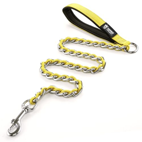 TSPRO Laisse pour Chien Anti-Mastication en Acier Inoxydable avec poignée Souple pour Chien de Taille Moyenne et Grande (4 mm, Jaune)