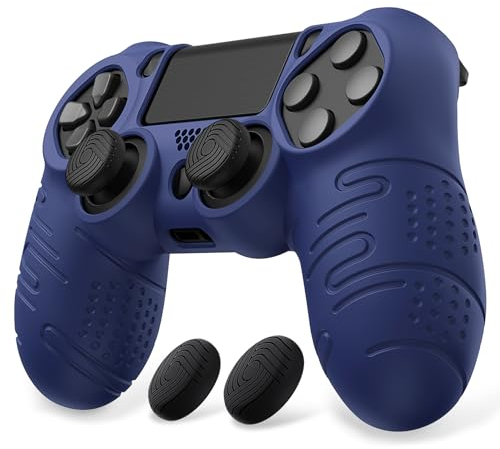 PlayVital Line & Dot Hülle für ps4 Controller, Case Zubehör Anti-Rusche weiche Schutzhülle für ps4 Slim und für ps4 Pro Controller mit Stick Kappen(Mitternachtsblau)