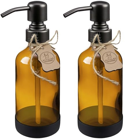 ALTGLAS Dispenser di Sapone Liquido 'Sarajevo' da Bottiglia di Vetro Marrone con Sottobicchiere in Silicone e Pompa in Acciaio Inox in Colore Nero (2 pezzi da 250 ml)