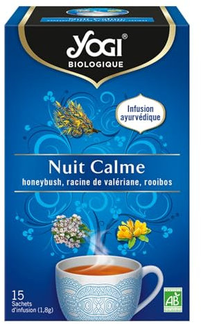 Yogi Biologique Nuit Calme, Infusion 100% Bio Honeybush, Valériane et Rooibos, 15 Sachets thermosoudés et sans agrafe, 27g