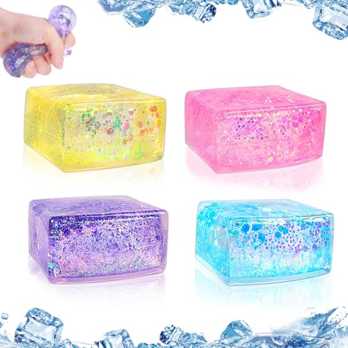 4 Pièces Balle Anti Stress Enfant Cube, Fidget Toys Cube, Cube Balle Stress, Nice Cube, Balles Anti Stress, Cube Boules Squeeze Décompresser balles pour Enfants et Adultes
