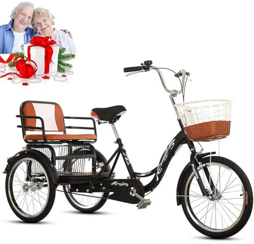 MegLob Adult Tricycles for Seniors, 20IN Adult Tricycle with Large Basket & Backseat, Tandem 3 Wheel Cruiser Bike, 1 Speed Trike Bike, Three-Wheeled Bicycle for Shopping/Picnic/Outdoor Sports,Black
