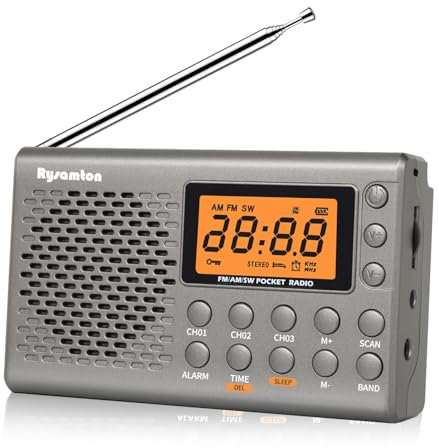 Rysamton Portable AM/FM/Shortwave Radio, Batteries Operated Pocket Radios, Large Digital Display, Clock Radio with Alarm and Sleep Function, Earphone Included