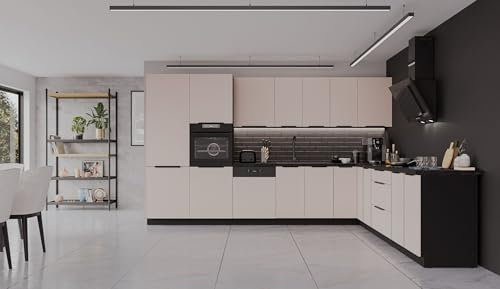 Winkelküche Arona 350x290 cm Küchenzeile Eckküche Küche Kaschmir beige + Schwarz