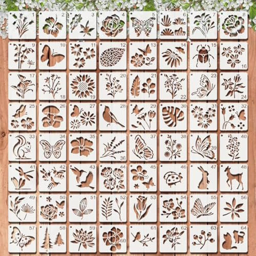 Mocrop 64 Stücke Tiere Blumen Wiederverwendbar Malvorlagen Schablonen 7.6×7.6cm Malen Journaling Zubehör Blätter Vogel Zeichnung Malschablonen Zeichenschablonen Kinder für Bullet Journal Scrapbooking