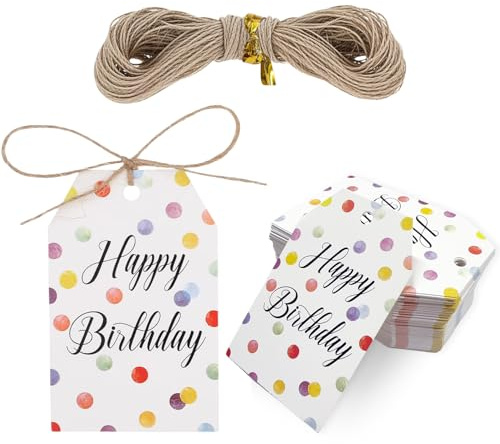 GIKPAX Etichette regalo di buon compleanno, 100 grandi etichette regalo per regali, etichette di compleanno spesse e personalizzate con spago, etichette regalo di compleanno