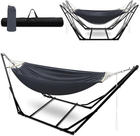 Jaxguom Amaca con struttura, pieghevole, da giardino, in metallo, per esterni, con borsa per il trasporto, struttura in metallo fino a 150 kg, per campeggio, giardino, piscina, balcone