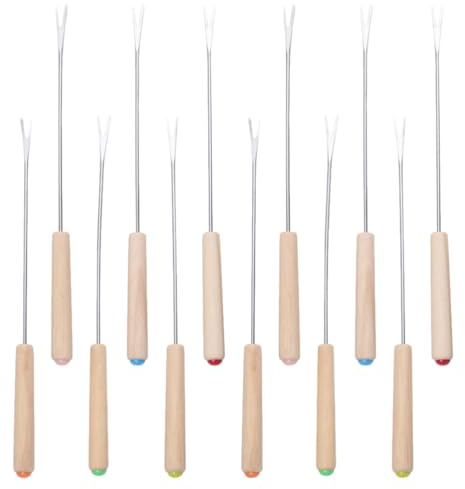 Amosfun Stainless Steel Fondue Forks with Oak Wood Handles 12-Pack Cheese Chocolate Fruit Skewers Heat Resistant Utensils for Hot Pot Party Dining