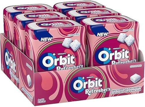 Orbit Refreshers Gomma da Masticare, Anguria e Lampone, Senza Zucchero con Xilitolo, Confezione da 6 Barattoli, 180 Chewing Gum