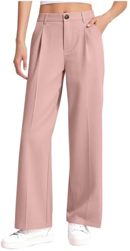 duxyoz Girls Dress Pants - Pull Up Wide Leg School Uniform Pants for Teen Girl,Elastic High Waisted,Straight,Solid Color,Formal Suit Trousers Pink 10-11 Years