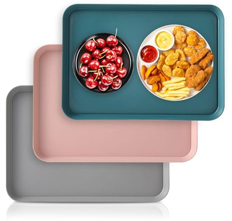 3 PCS Trays for Food Serving, 3 Color Rectangular Plastic Tray for Bar Kitchen Cafeteria to Hold Drinks Tea Fruit Sandwich (27x18cm)