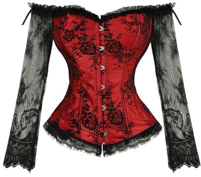 OPLERT Top corsé para mujer con manga larga de encaje, bustier corsé completo, blusa retro Dirndl