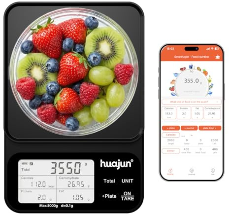 Báscula Cocina Digital con Cálculo de Nutrición, 5 kg/0,1 g, Báscula de Cocina Bluetooth con pantalla LCD, App Smart Scale con 30 Nutrientes, Báscula Nutricional para Dieta, Fitness, Cocina