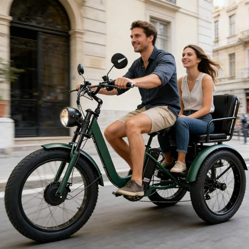 Tricycle électrique 7 Vitesses Pour Adultes,Vtt électrique à Gros Pneus 24 X 4.0 48 V 18 Ah,écran Lcd,Freins à Disque Doubles Et Phare LED,Pour Les Déplacements Quotidiens Et Le Shopping. Green
