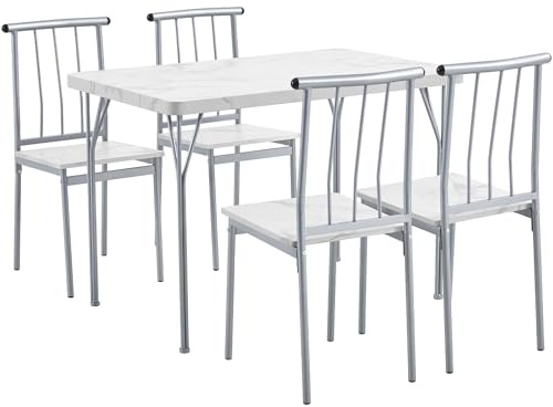 Soberine Tavolo da Pranzo con 4 Sedie, Set 5 Pezzi in MDF e Metallo per Sala da Pranzo, Cucina, Bar e Soggiorno per 4 Persone Bianco