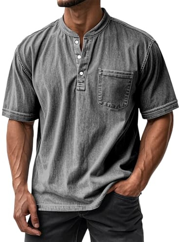 Jeans skjorta herr – pikétröjor för herr Henley-skjorta kortärmad tröja rund hals herrskjorta vintage fritidsskjorta lös pikétröja enfärgad arbetströja strykfri sommarskjorta för vardag