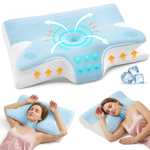 Rokehr Memory Foam Kudde 2 i 1, Nackkudde, Ortopedisk Kudde, Minnesskumkudde med Tvättbart Örngott, Ergonomisk Nackkudde för Sidosömn Rygg och Magsömma 60x43x14/12cm Blå