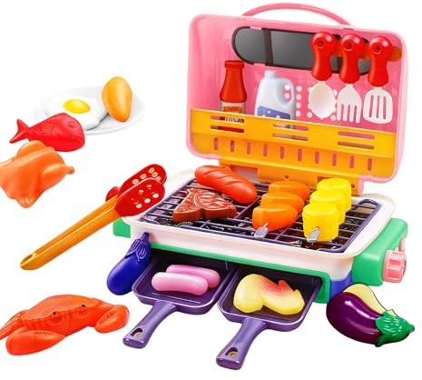 Kids BBQ Grill Toys Set, Kids Pretend Kitchen Role Play Set, Kitchen Toy Set with Spray Sound & Color-Changing Food 30+ PCS Play Kitchen Accessories,Simulation Camping Cooking Interactive Toys (Green)