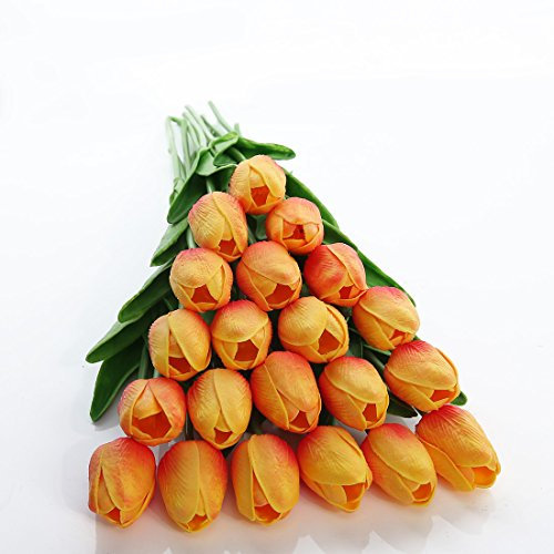 JUSTOYOU 20pcs Real Touch Latex Artificial Tulips Flowers Fake Tulips Flowers Wedding Bouquets for Wedding Home Garden Decoration(Orange)