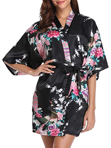 Vlazom Kimono Mujer Corto de Satén y Seda, Cuello en V con Estampado Floral, Manga 3/4 con Cinturón,Negro,L