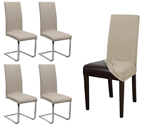 BEAUTEX 4er Set Jersey Stuhlhusse, elastische Stretch Husse Baumwolle Bi-Elastic, Farbe wählbar (Beige)