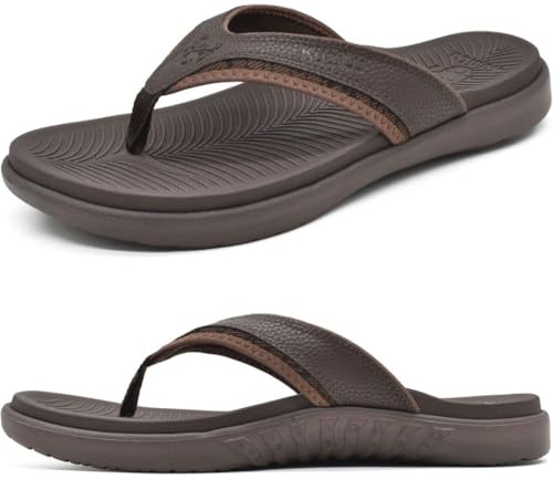 KuaiLu Mens Leather Sport Flip Flops Comfort Orthotic Thong Sandals with Plantar Fasciitis Arch Support for Outdoor Summer