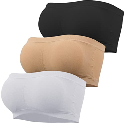 GXIN 3 Piece Women Bandeau Bra Padded Non-Slip Strapless Bras Seamless Ladies Wireless Bralette Bandeau Tube Tops (UK, Alpha, S, Regular, Regular, Standard, Black, White, Skin Color)