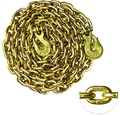 YATOINTO G80 Transport Binder Chain 3/8 Inch x 20 Foot Safety/Binder Chain with Clevis Grab Hooks 7,100 lbs Safe Working Load Logging Chain for Transporting Towing Tie Down Binding Equipment