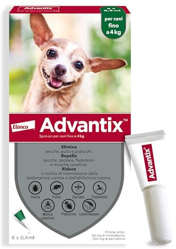 Advantix® Spot-on antiparassitario per Cani fino a 4 Kg, 6 pipette da 0,4 ml. Elimina zecche, pulci, pidocchi e larve di pulce in casa. Protegge da zanzare, pappataci e rischio di leishmaniosi.